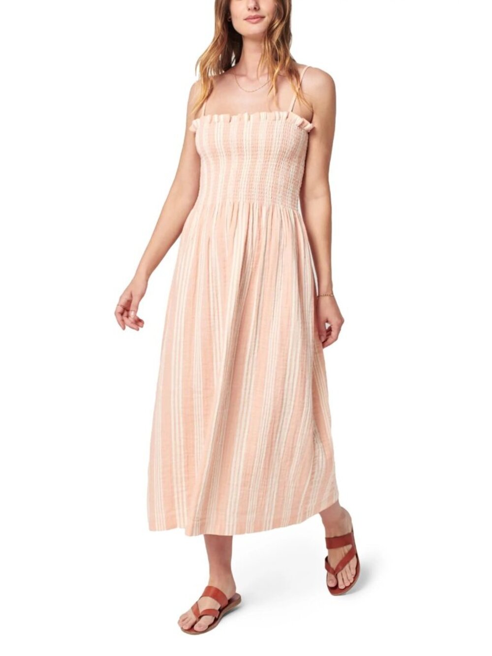 Faherty Lakeview Organic Cotton Midi Summer Dress Sepia Neutral Stripe Size XS